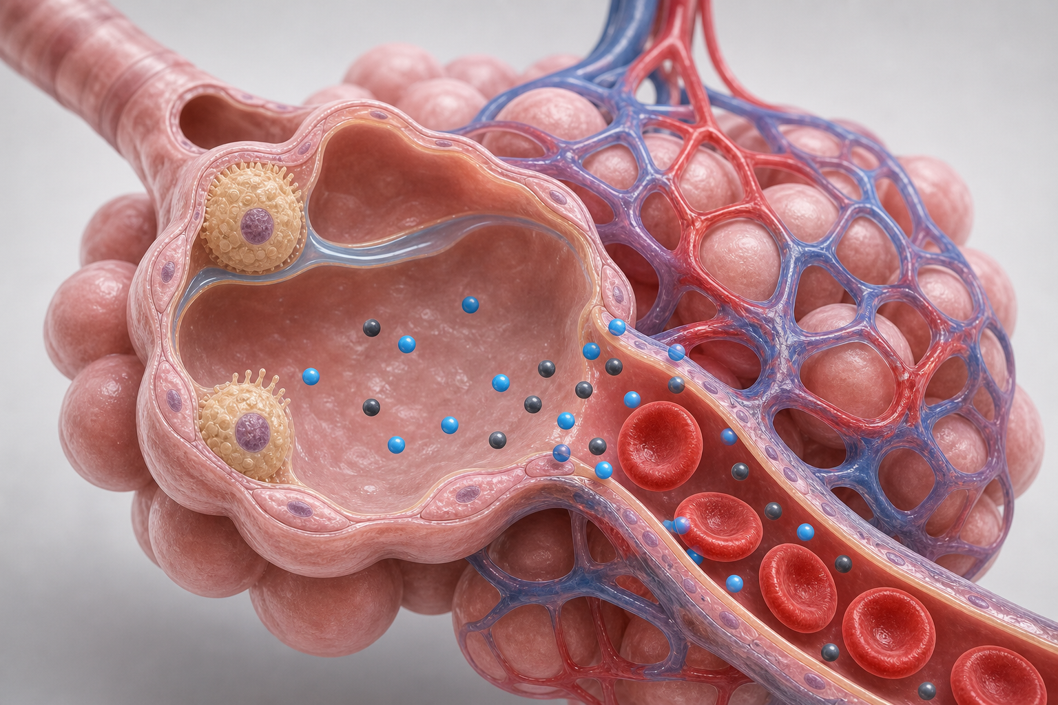 Annotated teaching image of alveoli, capillaries, red blood cells, and the blood-air barrier.