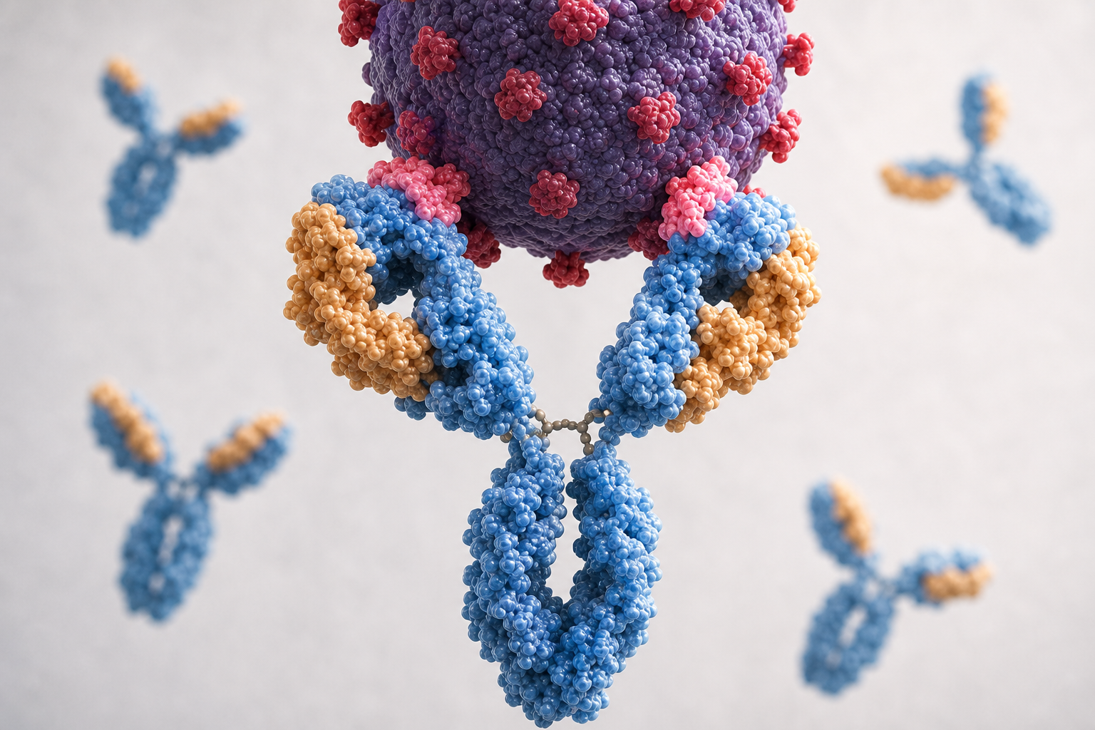 Annotated teaching image of an antibody binding antigen epitopes.