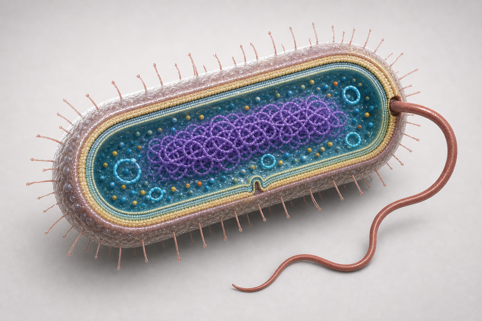 Annotated teaching image of a bacterial cell with capsule, wall, membrane, nucleoid, plasmid, pili, and flagellum.
