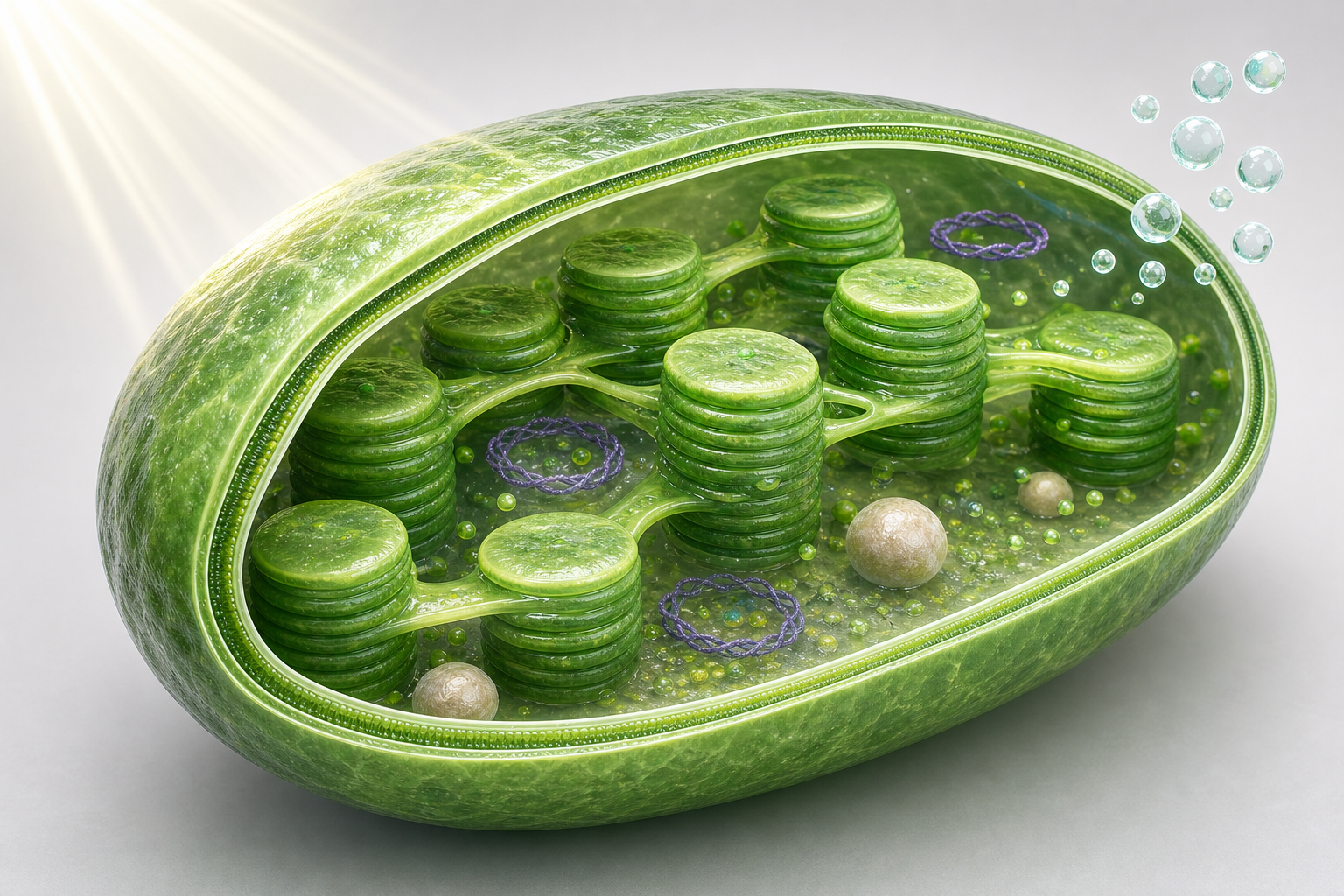Annotated teaching image of a chloroplast with thylakoids, stroma, DNA, starch, and oxygen release.