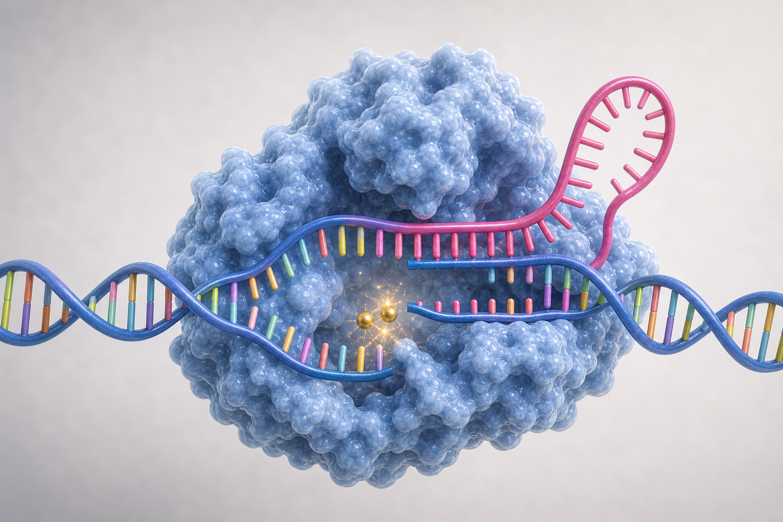 Annotated teaching image of CRISPR-Cas9 binding and cutting target DNA.