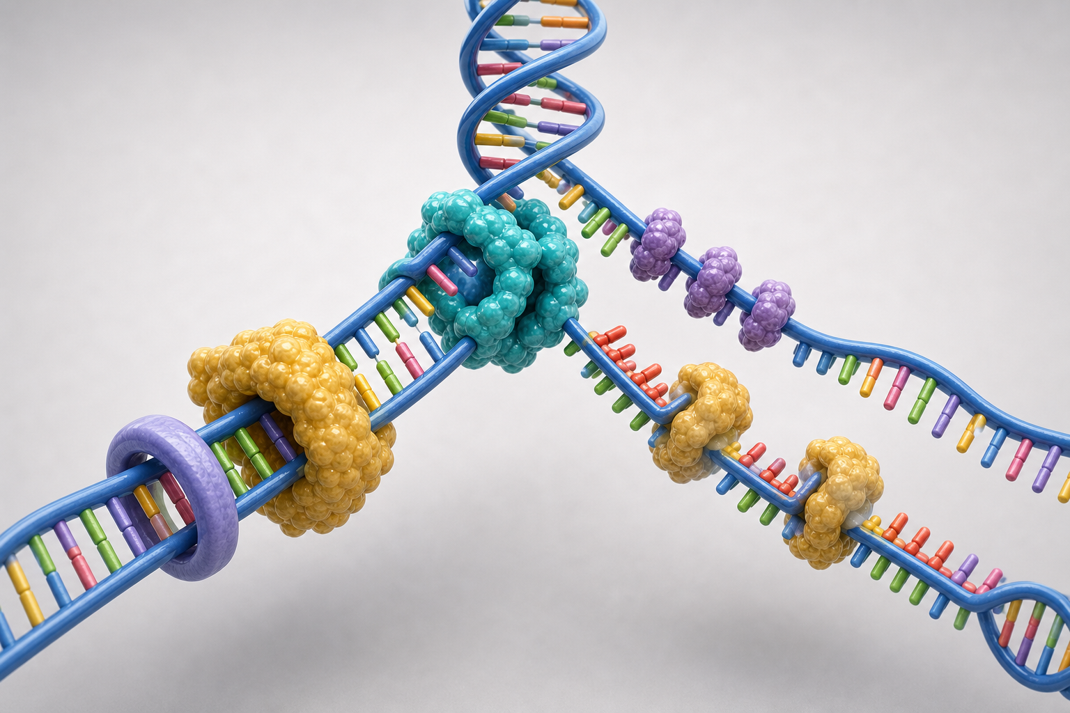 Annotated teaching image of a DNA replication fork with helicase, leading strand, lagging strand, and primers.