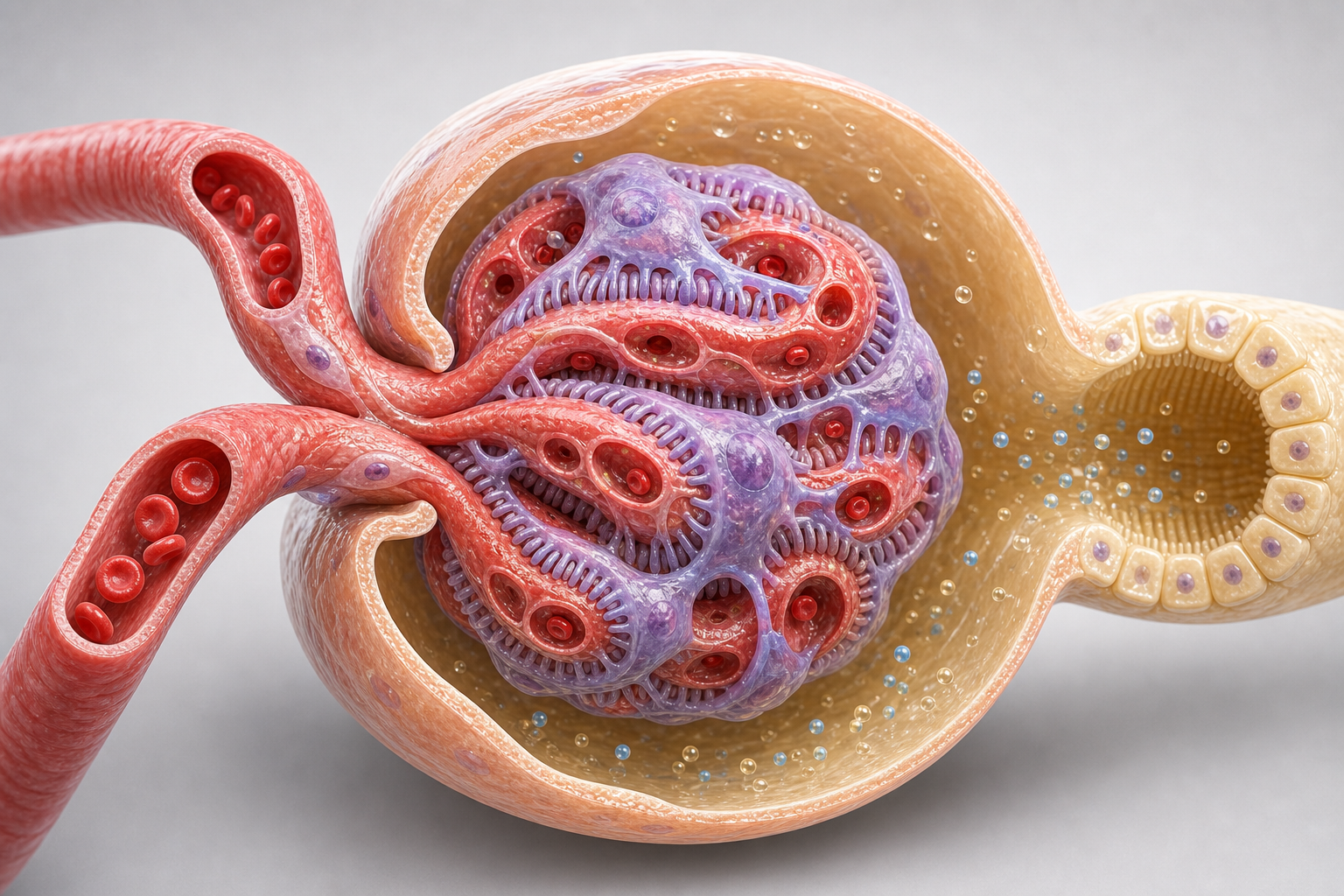 Annotated teaching image of a glomerulus, Bowman's capsule, podocytes, and filtration spaces.