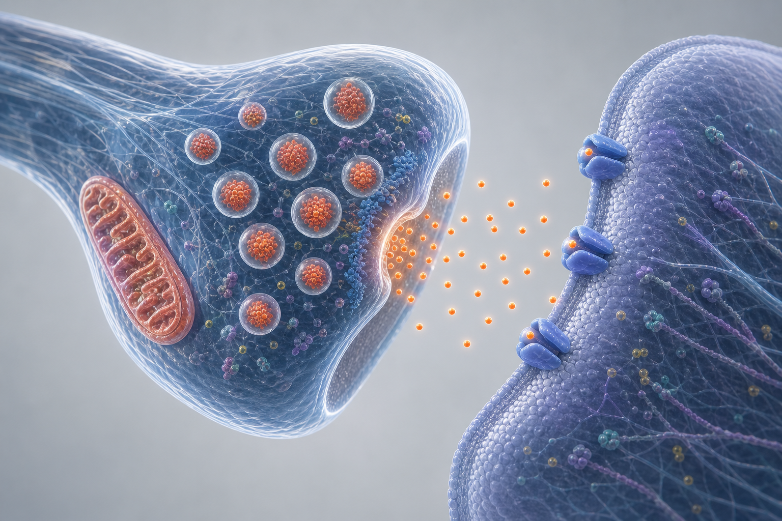 Annotated teaching image of a neuron synapse releasing neurotransmitters.