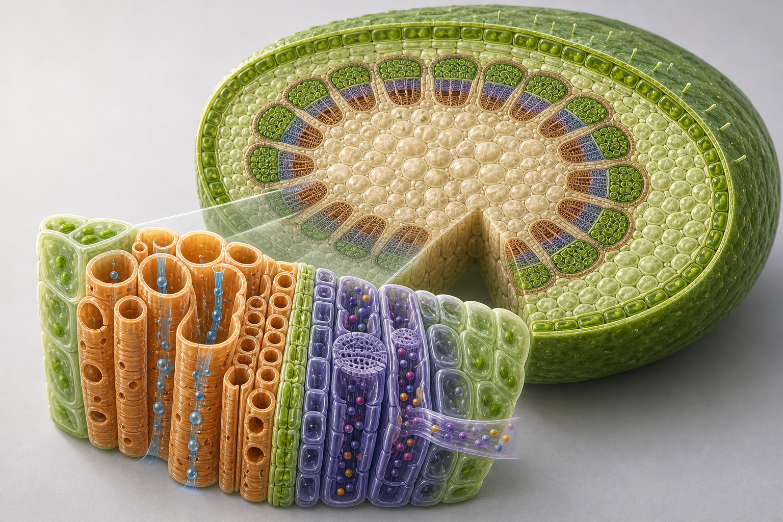 Annotated teaching image of a plant vascular bundle with xylem, phloem, cambium, and transport arrows.