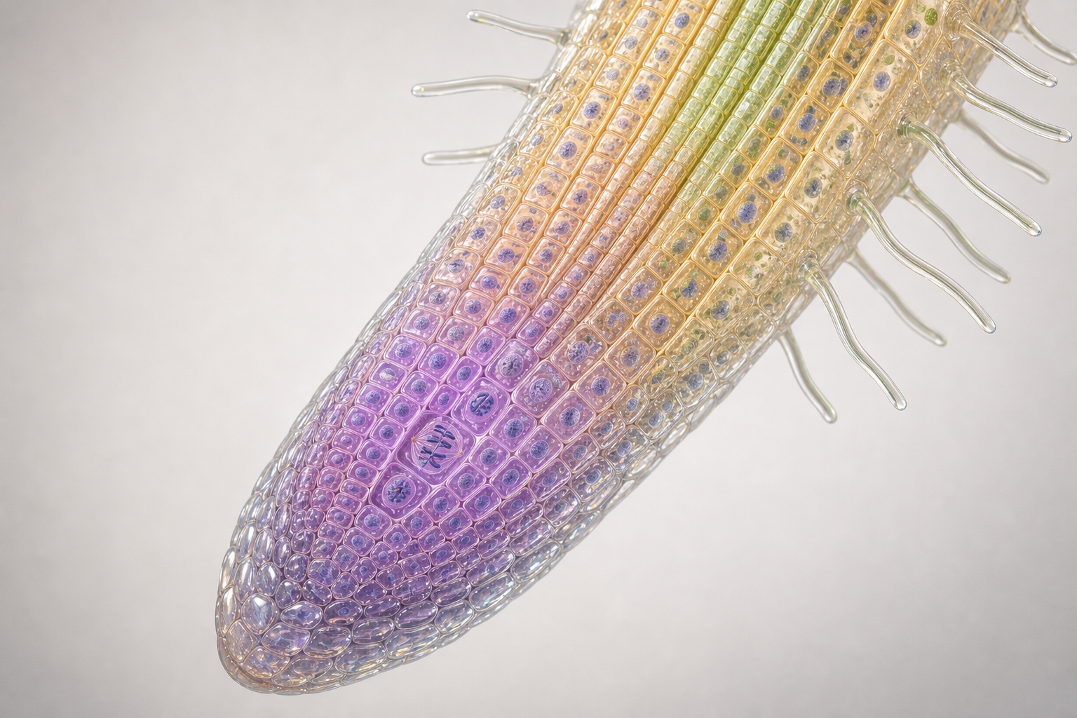 Annotated teaching image of a plant root tip with growth zones and mitosis features.